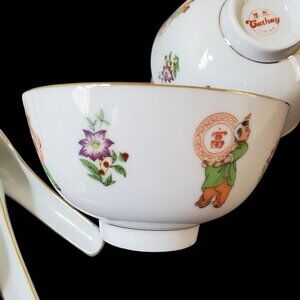 2 Vintage Chinese Ceramic Rice Bowls 2 Ceramic Spoons by Cathay White Multi Gold